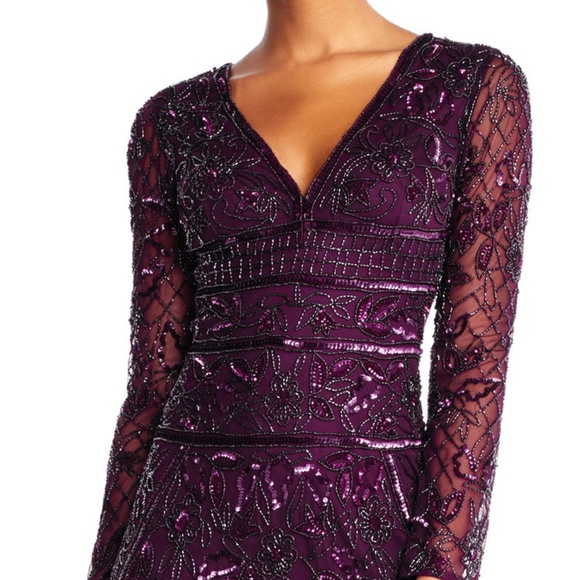 Adrianna Papell V-Neck Beaded Dress Deep Amethyst - Picture 2 of 5